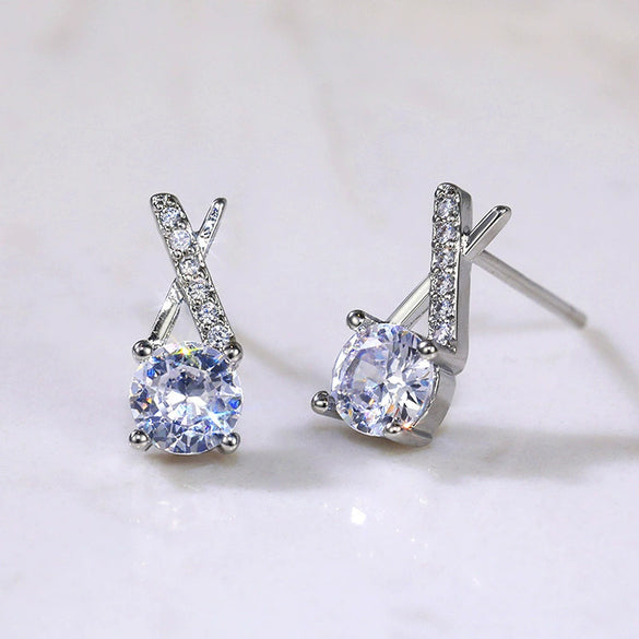 Wholesale Fashion Sweet Flower Zircon Earrings For Women Copper Plated Platinum
