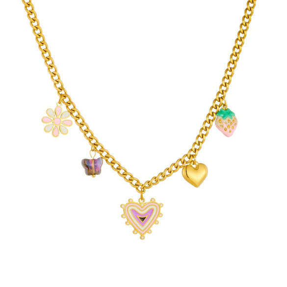 Wholesale Fashion Sweet Stainless Steel Necklace With Oil Drop Gradient Love Strawberry Flower Pendant Electroplated Heart And Fruit Shaped