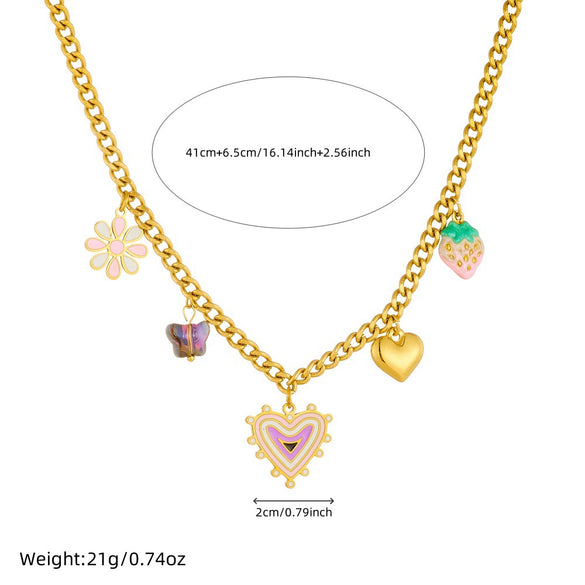 Wholesale Fashion Sweet Stainless Steel Necklace With Oil Drop Gradient Love Strawberry Flower Pendant Electroplated Heart And Fruit Shaped