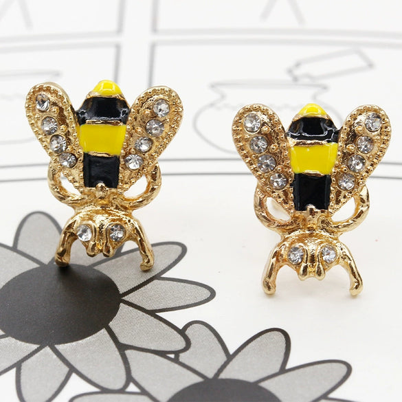 Wholesale Fashion Sweet Temperament Glaze Oil Drop Alloy Earrings With Electroplated Bee Rhinestone Design