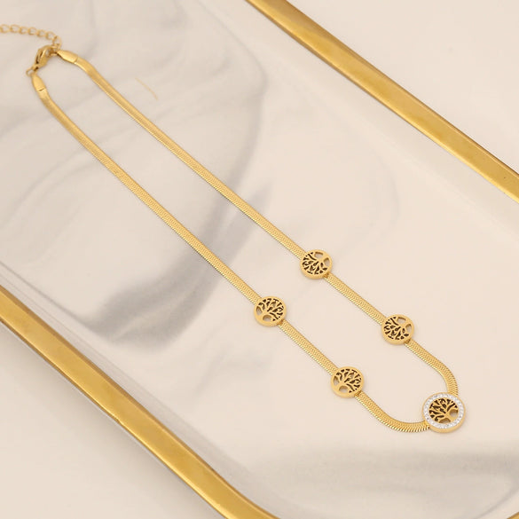 Wholesale Fashion Tree Of Life Jewelry Set With Zircon Stainless Steel Necklace And Bamboo Chain Electroplated For Women