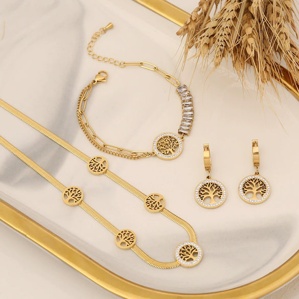 Wholesale Fashion Tree Of Life Jewelry Set With Zircon Stainless Steel Necklace And Bamboo Chain Electroplated For Women