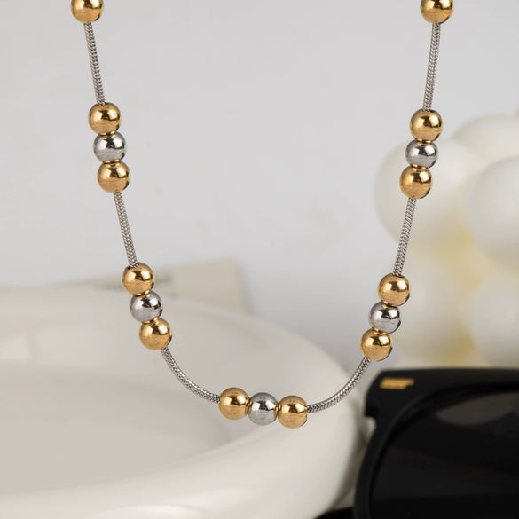 Wholesale Fashion Twocolor Ball Bead Stainless Steel Necklace With Geometric Shape And Pvd Furnace Vacuum Real Gold Plating