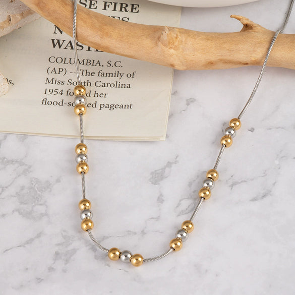 Wholesale Fashion Twocolor Ball Bead Stainless Steel Necklace With Geometric Shape And Pvd Furnace Vacuum Real Gold Plating