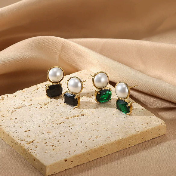 Wholesale Fashion Unisex Geometric Stainless Steel And Gold Plated Earrings With Imitation Pearl And Square Zircon