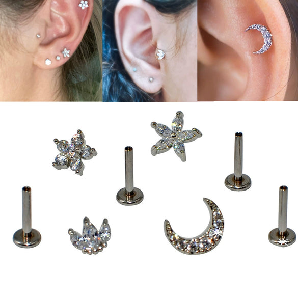 Wholesale Fashion Unisex Stainless Steel And G23 Titanium Earrings And Lip Nail With Moon Flower Pattern And Polishing Treatment