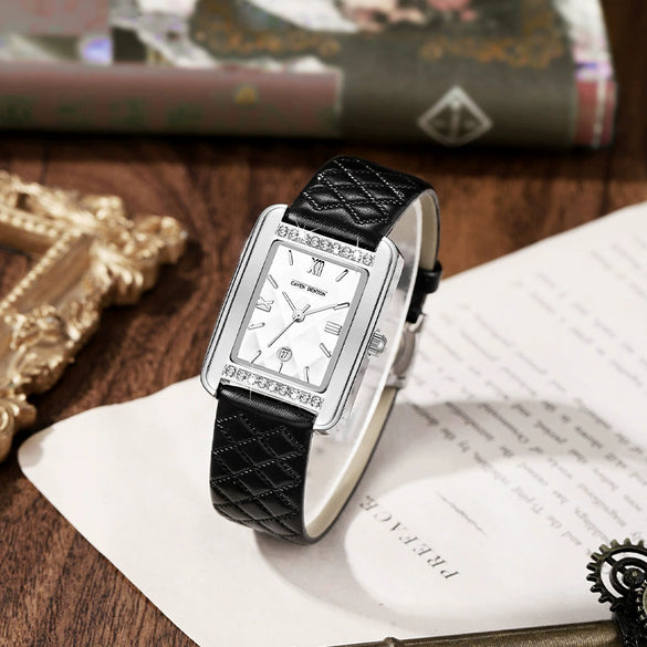 Wholesale Fashion Waterproof Women's Quartz Watch With Retro Calendar Square Dial Genuine Leather Strap Alloy Case Mineral Strengthened Glass Mirror