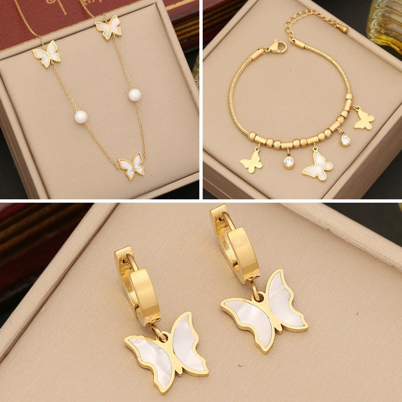 Wholesale Fashion White Shell Butterfly Jewelry Set For Women Stainless Steel Necklace With Electroplated Ochain And Insect Shaped Pendant