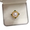Wholesale Fashion Women Freshwater Pearl And Green Zircon Ring With Oblate And Treated Bun Round Pearl Shape Copper Base 18K Gold Electroplated