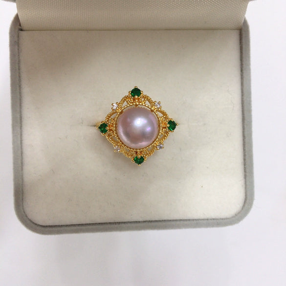 Wholesale Fashion Women Freshwater Pearl And Green Zircon Ring With Oblate And Treated Bun Round Pearl Shape Copper Base 18K Gold Electroplated