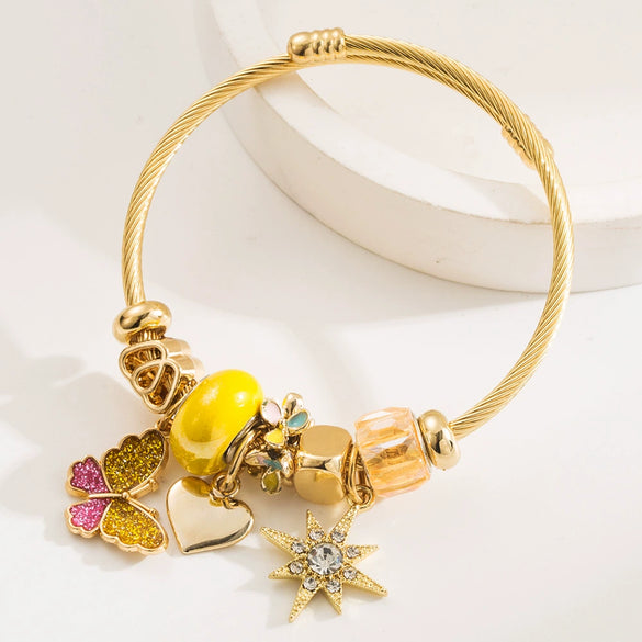 Wholesale Fashion Women's Beaded Stainless Steel Bracelet With Diamond Butterfly And Six Pointed Star Pendants