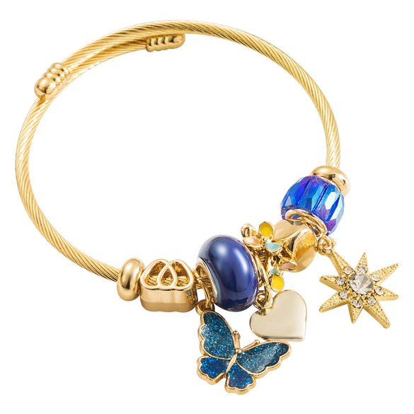 Wholesale Fashion Women's Beaded Stainless Steel Bracelet With Diamond Butterfly And Six Pointed Star Pendants