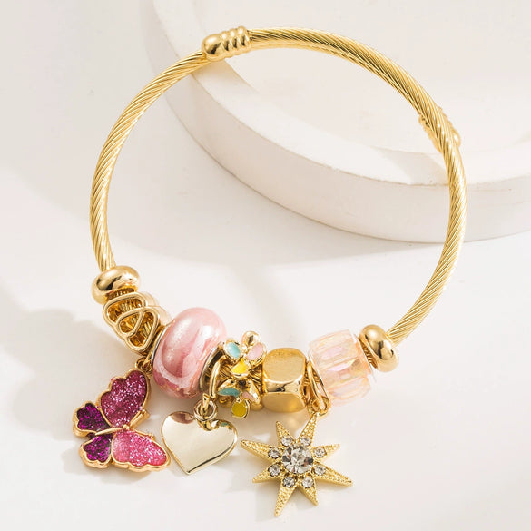 Wholesale Fashion Women's Beaded Stainless Steel Bracelet With Diamond Butterfly And Six Pointed Star Pendants