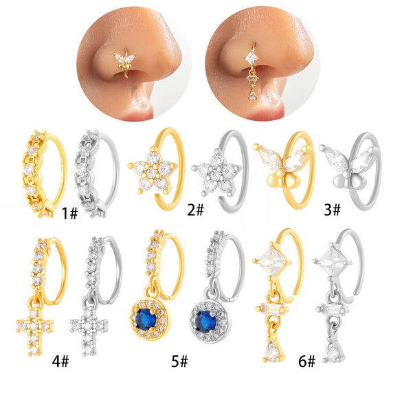 Wholesale Fashion Women's Copper Flower Nose Ring With Electroplating And Zircon Featuring Butterfly And Cross Designs