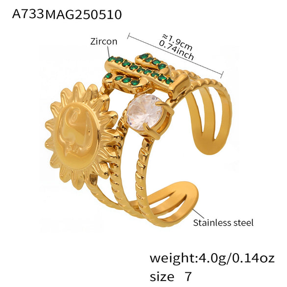 Wholesale Fashion Women's Electroplated Stainless Steel Geometric Abstract Smiling Face Sun And Cactus Inlaid Zircon Ring