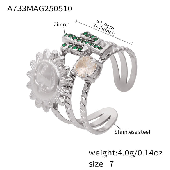 Wholesale Fashion Women's Electroplated Stainless Steel Geometric Abstract Smiling Face Sun And Cactus Inlaid Zircon Ring