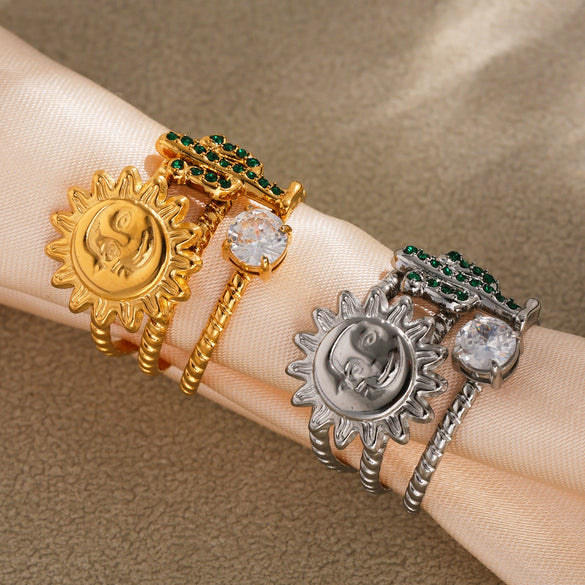 Wholesale Fashion Women's Electroplated Stainless Steel Geometric Abstract Smiling Face Sun And Cactus Inlaid Zircon Ring