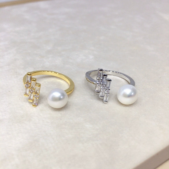 Wholesale Fashion Women's Freshwater Pearl Ring Copper 18K Gold Micro Inlaid Zircon Flat Round Rose Buns Round