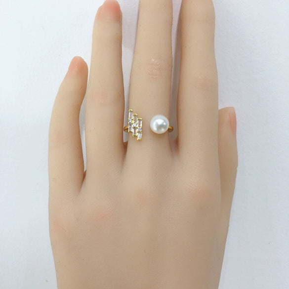 Wholesale Fashion Women's Freshwater Pearl Ring Copper 18K Gold Micro Inlaid Zircon Flat Round Rose Buns Round