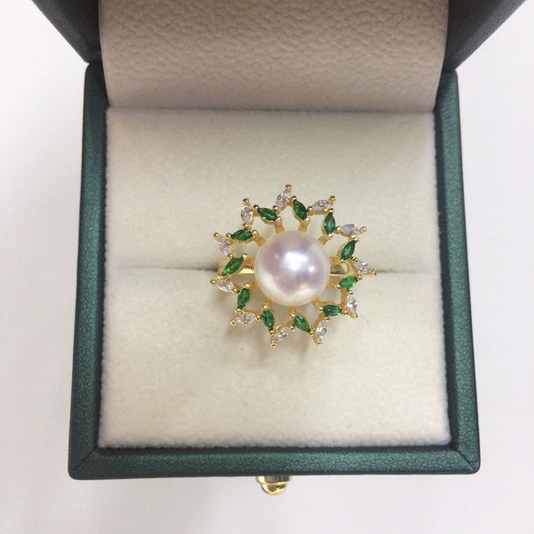 Wholesale Fashion Women's Freshwater Pearl Ring With Copper Material And Micropaved Green Zircon In Flat Round And Bun Round Shapes