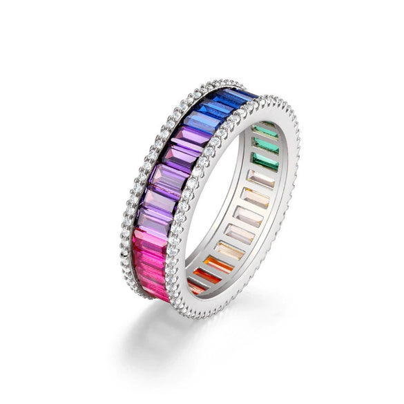 Wholesale Fashion Women's Geometric Rainbow Zircon Ring S925 Silver Inlaid With Color Treasures