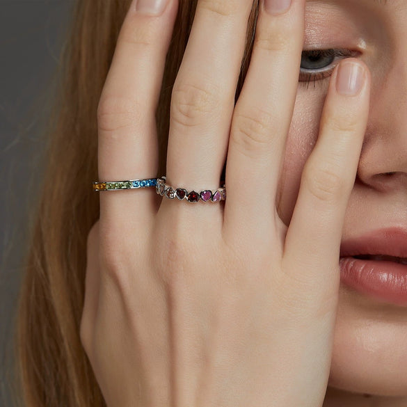 Wholesale Fashion Women's Geometric Rainbow Zircon Ring S925 Silver Inlaid With Color Treasures