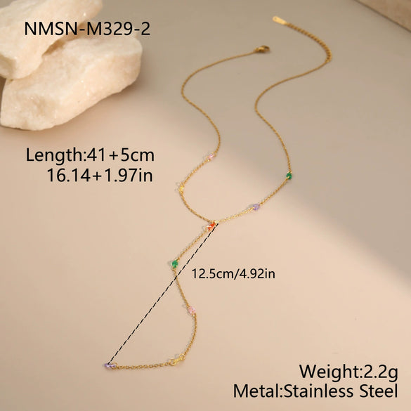 Wholesale Fashion Women's Geometric Stainless Steel Electroplated Rainbow Water Drop Colored Diamond Necklace With Tassel Pendant