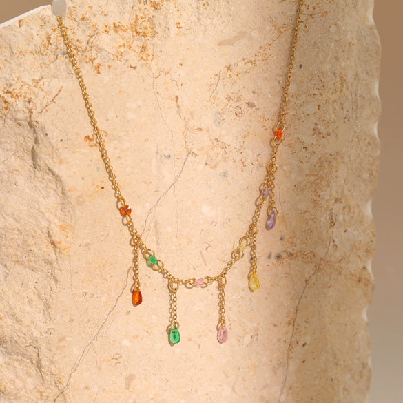 Wholesale Fashion Women's Geometric Stainless Steel Electroplated Rainbow Water Drop Colored Diamond Necklace With Tassel Pendant