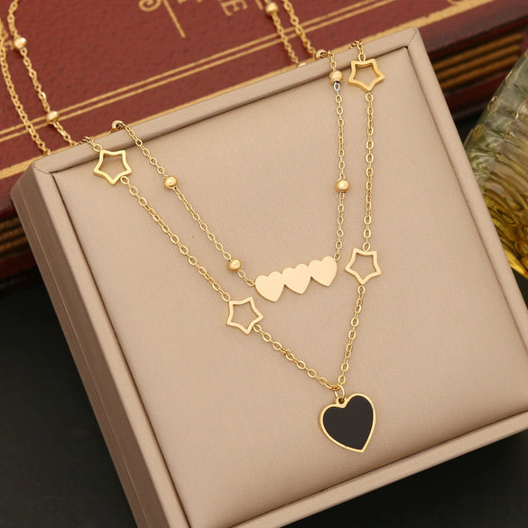 Wholesale Fashion Women's Jewelry Set With Heart Shaped Pendant Stainless Steel Clavicle Chain Electroplated Double Layer O Chain