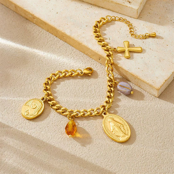 Wholesale Fashion Women's Stainless Steel And Titanium Steel Jewelry Set With Cross Crown And Roman Numerals Pattern Gold Plated Oval Relief Pendant