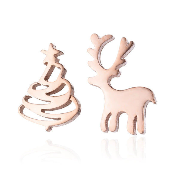 Wholesale Fashion Women's Stainless Steel Asymmetric Earrings With Elk And Christmas Tree Patterns Electroplated