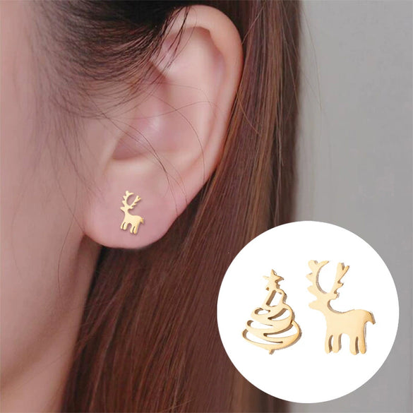 Wholesale Fashion Women's Stainless Steel Asymmetric Earrings With Elk And Christmas Tree Patterns Electroplated