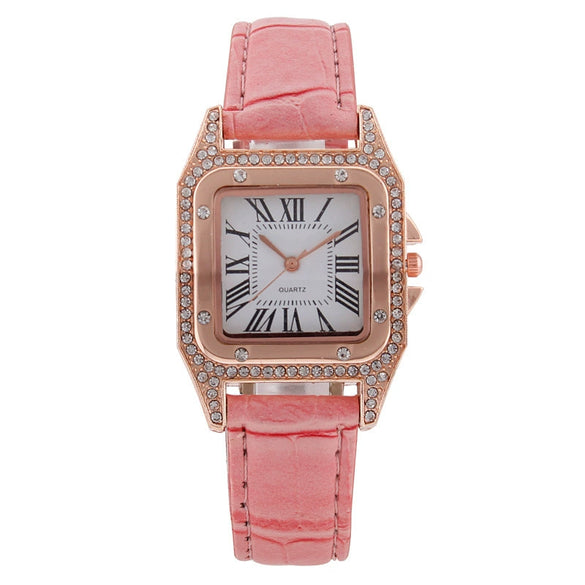 Wholesale Fashion Women's Watch Square Metal Case Imitation Leather Strap Diamondencrusted Quartz