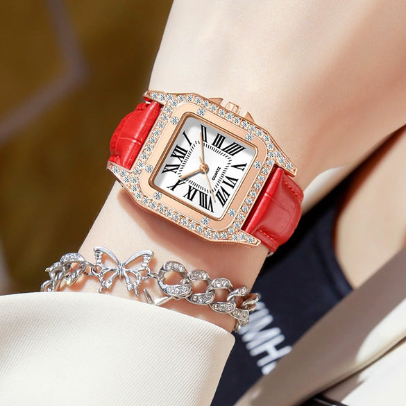 Wholesale Fashion Women's Watch Square Metal Case Imitation Leather Strap Diamondencrusted Quartz
