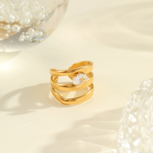 Wholesale Fashionable And Exquisite 18K Gold Plated Stainless Steel Geometric Ring With Inlaid Zircon For Women