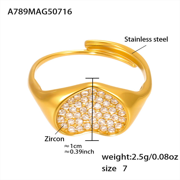Wholesale Fashionable Casual Opening Love Ring In Stainless Steel With Heart Shape And Geometric Pattern Electroplated 18K Gold For Women