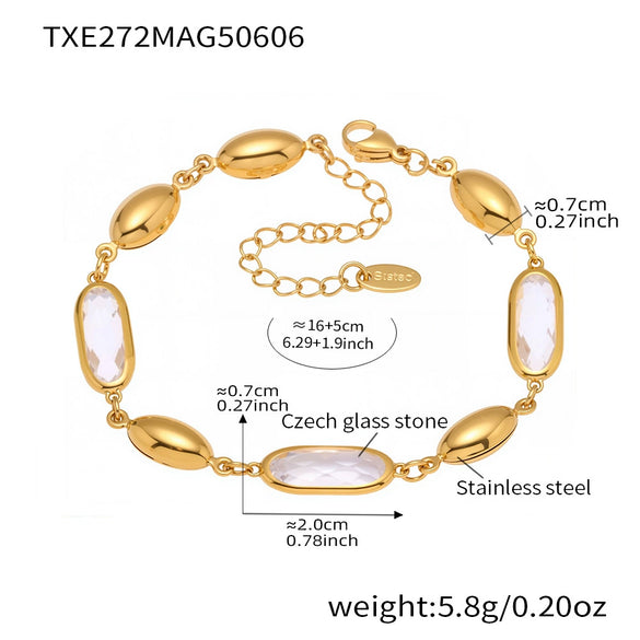 Wholesale Fashionable Electroplated Geometric Ferris Wheel Rectangular Faceted Czech Glass Stone Stainless Steel Bracelet For Women