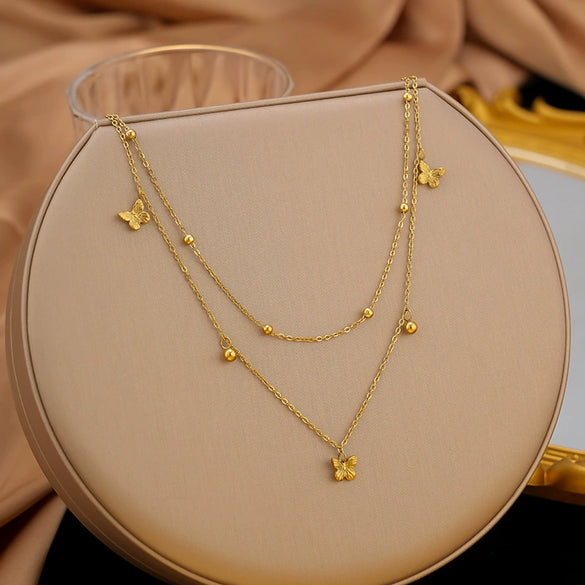 Wholesale Fashionable Elegant Butterfly 18K Gold Electroplated Titanium Steel And Stainless Steel Necklace And Double Layer Anklet For Women With Animal And Zodiac Shapes