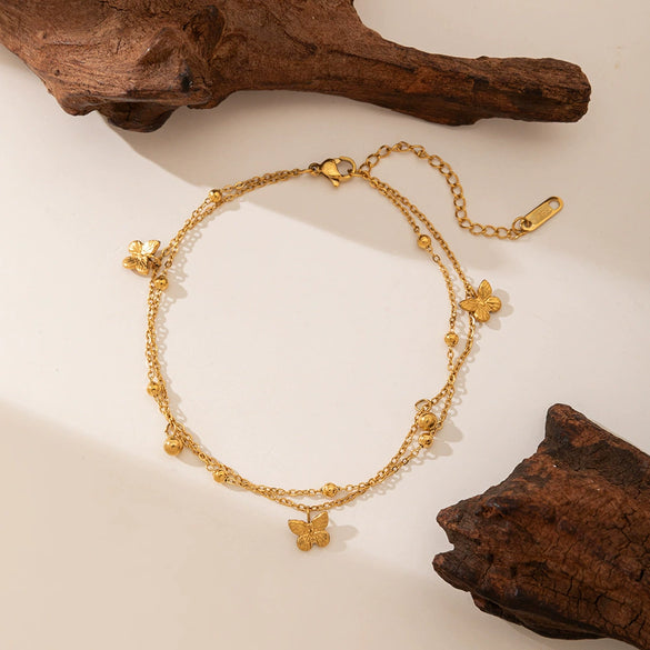 Wholesale Fashionable Elegant Butterfly 18K Gold Electroplated Titanium Steel And Stainless Steel Necklace And Double Layer Anklet For Women With Animal And Zodiac Shapes
