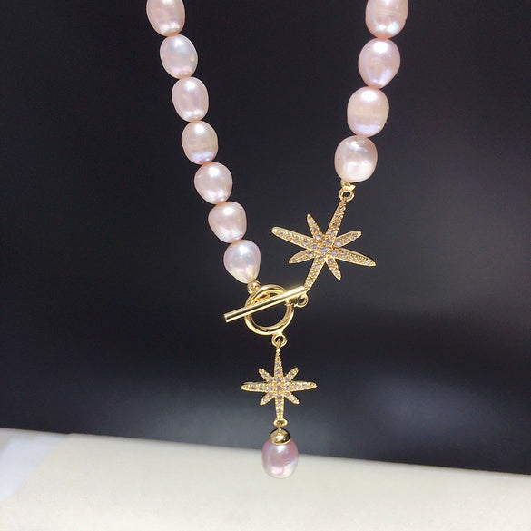Wholesale Fashionable Exquisite Natural Freshwater Pearl Riceshaped Sixpointed Star Necklace Jewelry With Copper Accessories