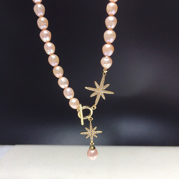 Wholesale Fashionable Exquisite Natural Freshwater Pearl Riceshaped Sixpointed Star Necklace Jewelry With Copper Accessories