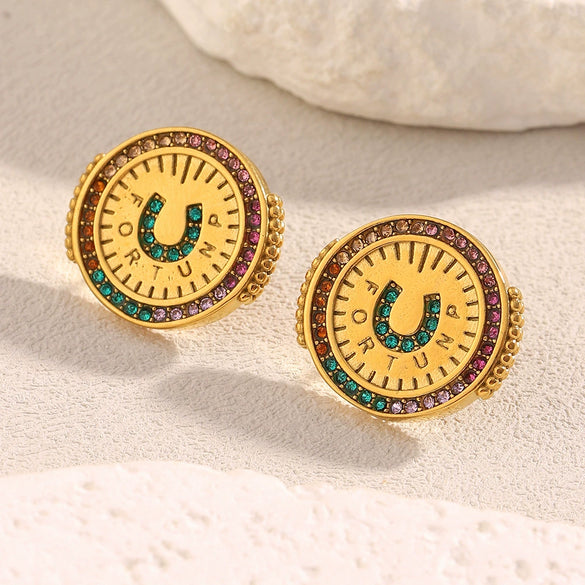Wholesale Fashionable Geometric Stainless Steel Electroplated 18K Gold Colorful Zircon Disc Earrings Necklace Ring Set For Women