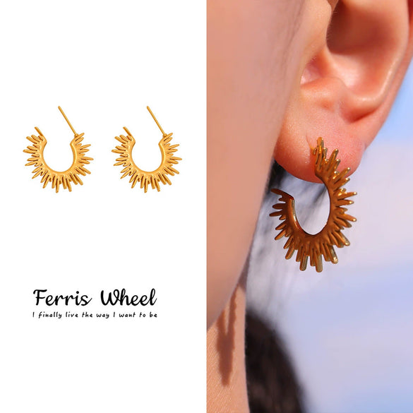 Wholesale Fashionable Geometric Sunflower Fine Pattern Electroplated Stainless Steel Earrings For Women