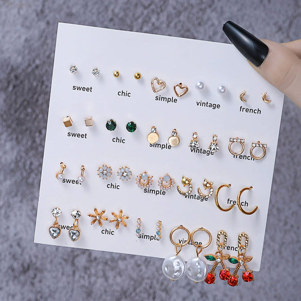 Wholesale Fashionable Geometric Zinc Alloy Electroplated Mini Diamond Cut Out And Pearl Cherry Pendant Earrings For Women