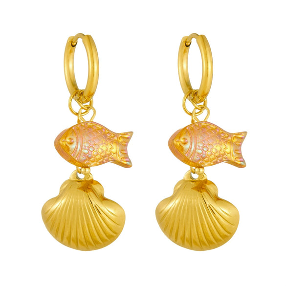 Wholesale Fashionable Simple Creative Design Goldplated Animal Zodiac Scallop Phantom Goldfish Pendant Round Stainless Steel Earrings