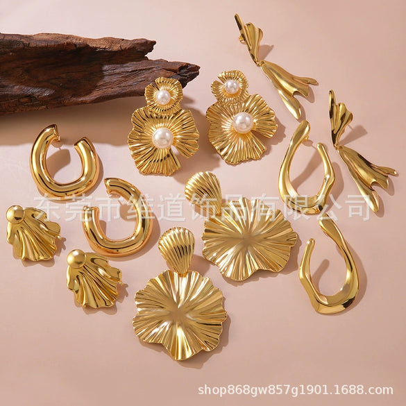 Wholesale Fashionable Simple Exaggerated Stainless Steel Flower Geometric Glossy Earrings With Stamping
