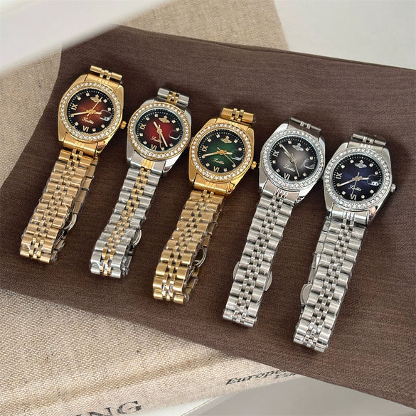 Wholesale Fashionable Women's Watch With Gold Steel Band Round Dial Diamond Studded Alloy Case Stainless Steel Buckle