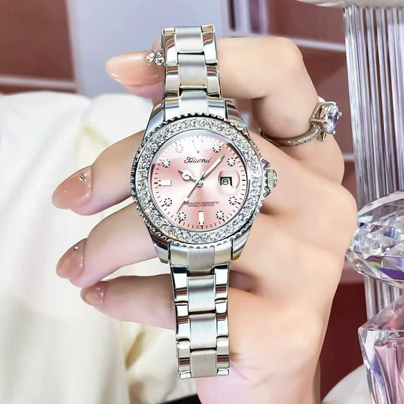 Wholesale Fashionable Women's Watches With Alloy Case And Strap Mineral Reinforced Glass Mirror Spiral Crown Doublesided Button Buckle Printed Logo Waterproof