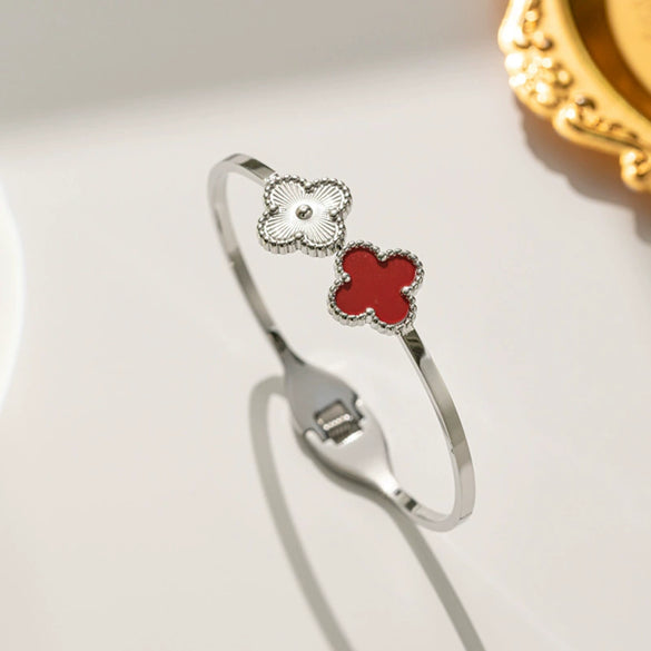 Wholesale Female Fashion Fourleaf Flower Titanium Steel Open Bracelet With Polishing Treatment And Nonfading Feature