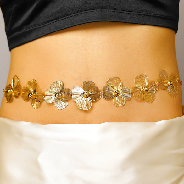 Wholesale Female Gold Zinc Alloy Flower Waist Chain Fashionable Versatile Dress Waist Accessory